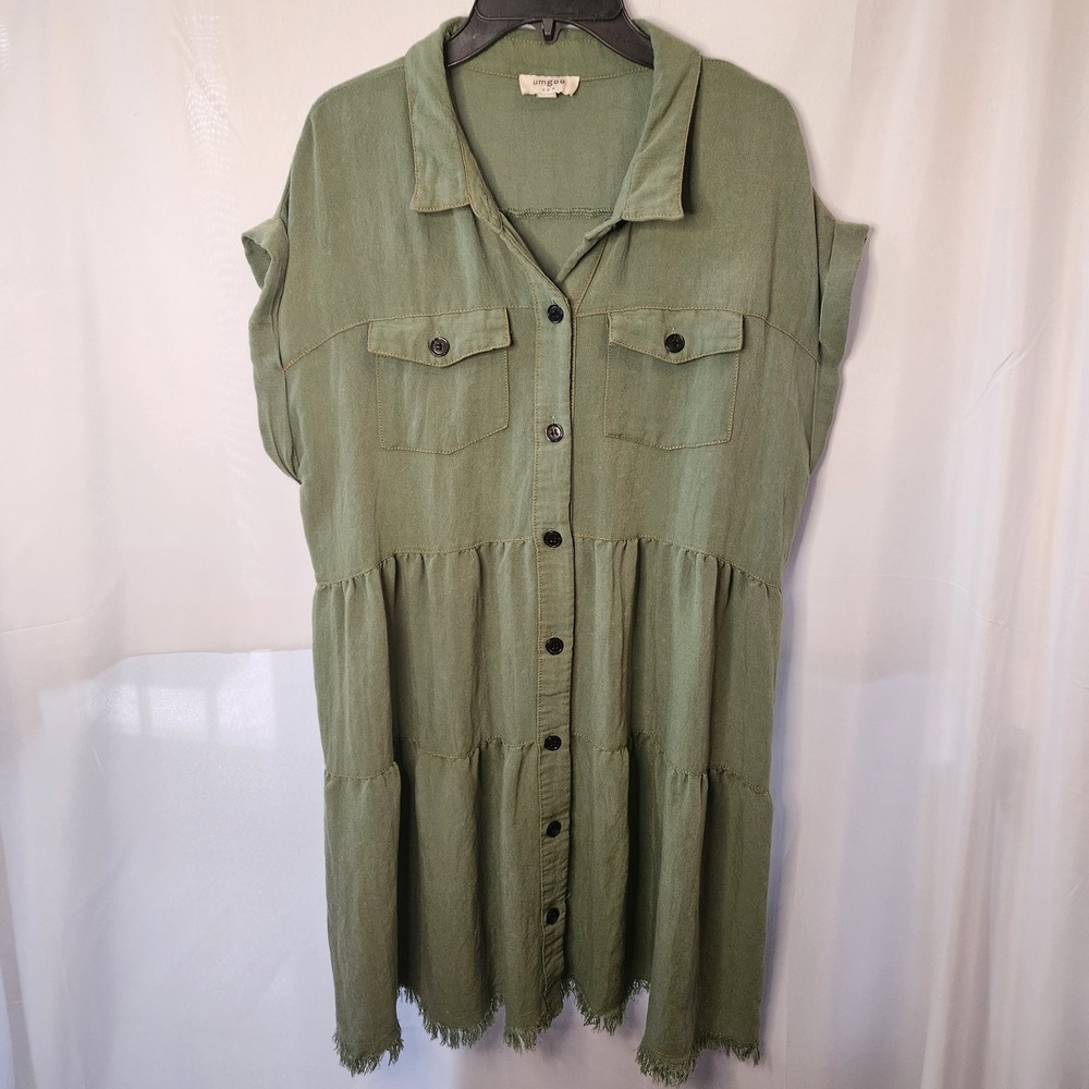 Umgee Frayed Hemline Button Down Shirt Dress Tiered Ruffle Rolled Sleeves Sz M
